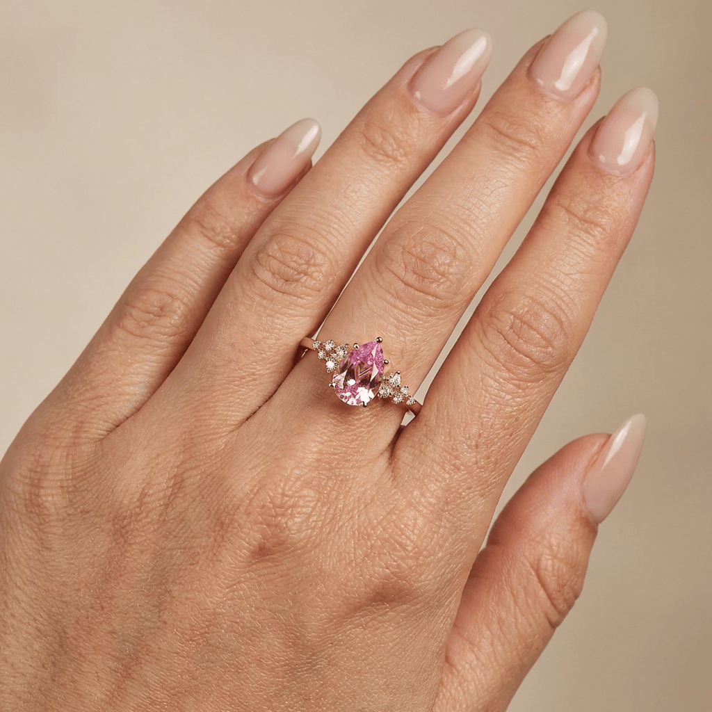 Pink sapphire pear lab grown diamant ring snowdrift