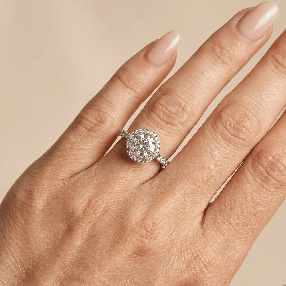 Rond briljant halo lab grown diamant ring met pave band
