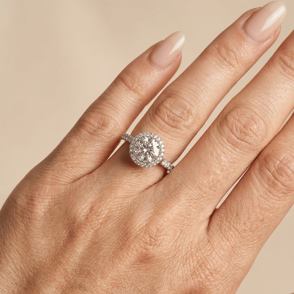 Rond briljant halo lab grown diamant ring met pave band