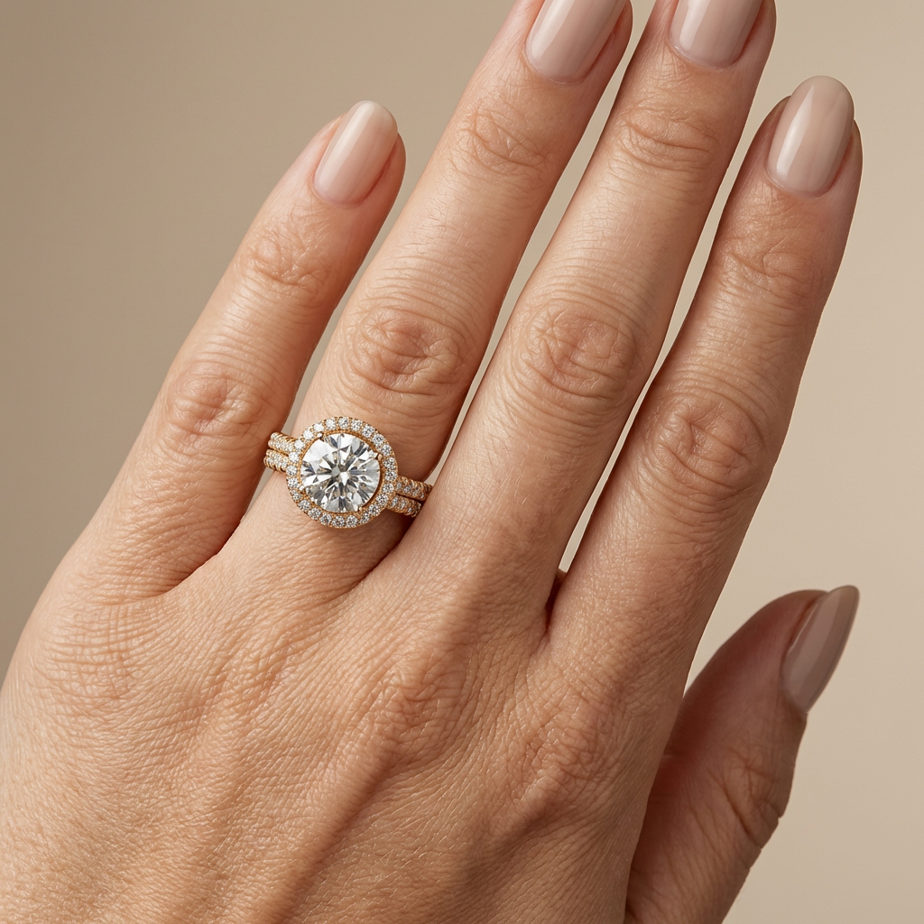 Round Brilliant Halo Lab Diamond Ring with Pave and Stacking Ring Set