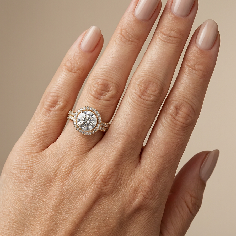 Round Brilliant Halo Lab Diamond Ring with Pave and Stacking Ring Set