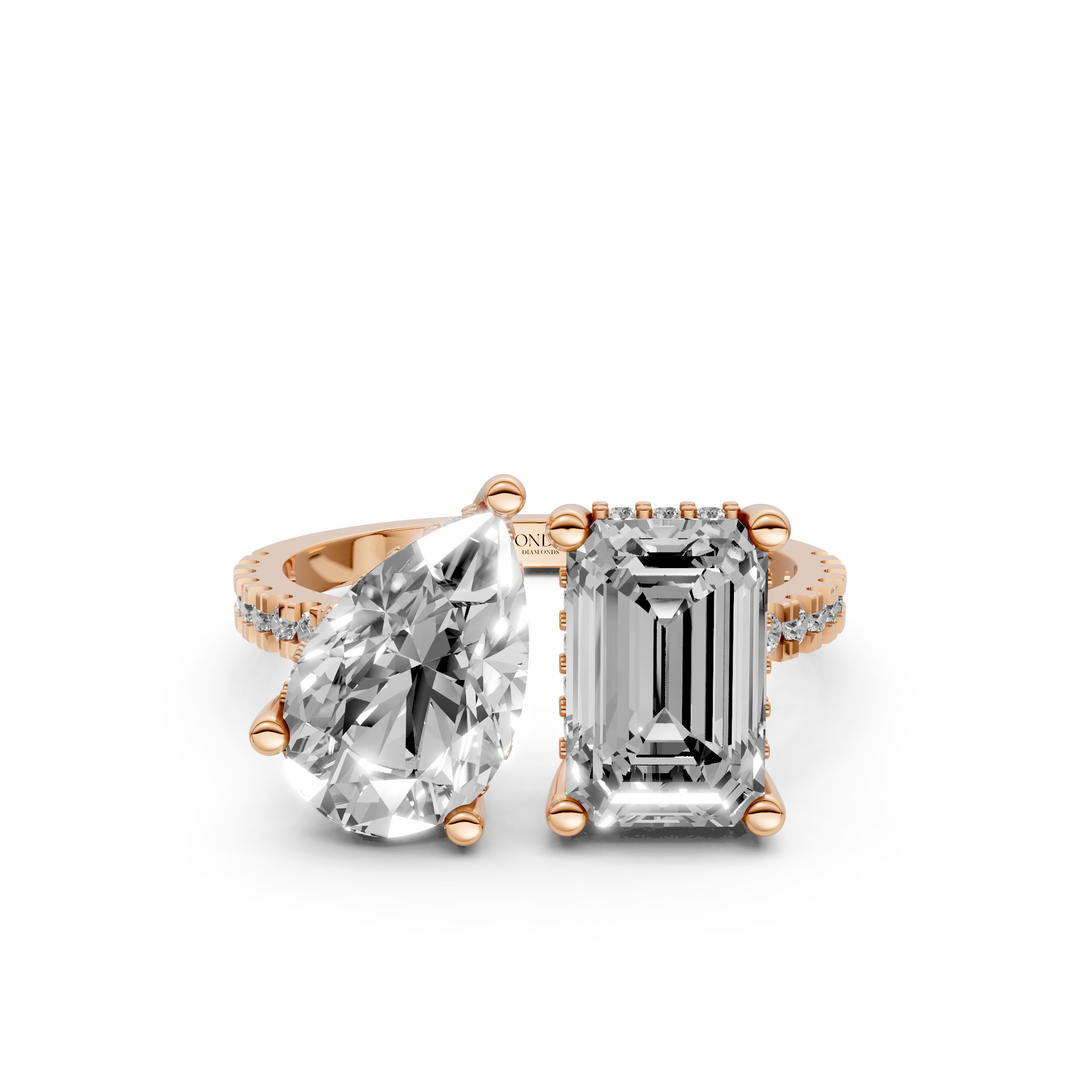 Toi et Moi Ring - Emerald Peer met Hidden Halo en Pave Band - 18K Goud - 3,60 ct