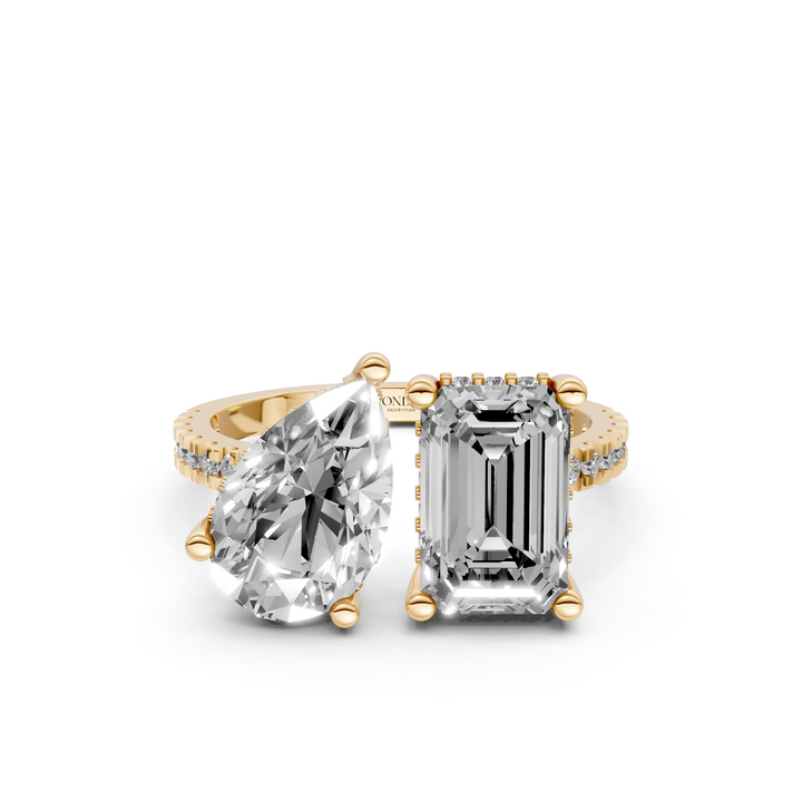 Toi et Moi Ring - Emerald Peer met Hidden Halo en Pave Band - 18K Goud - 3,60 ct