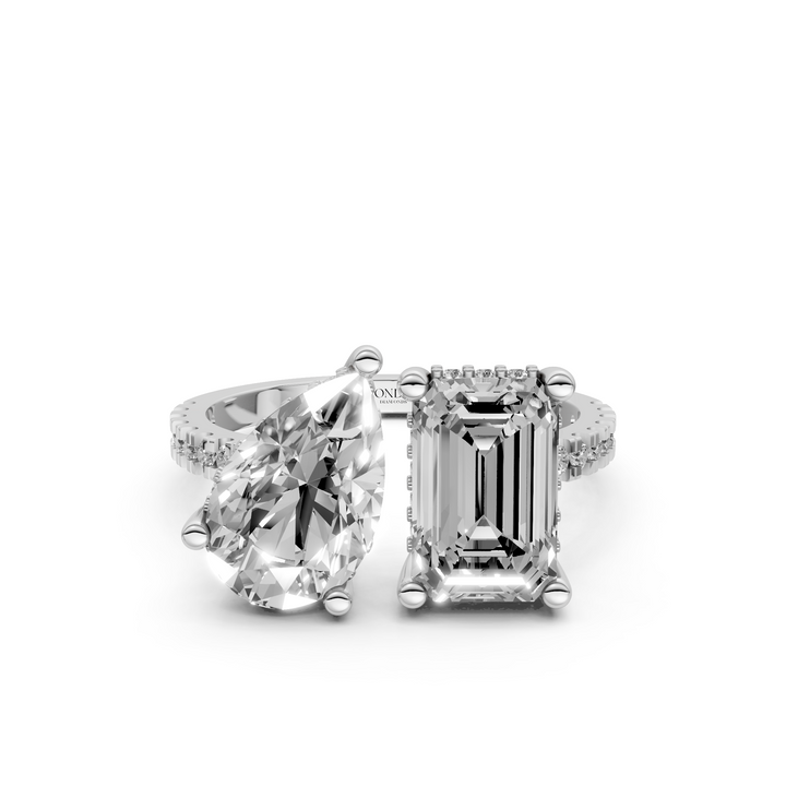 Toi et Moi Ring - Emerald Peer met Hidden Halo en Pave Band - 18K Goud - 3,60 ct