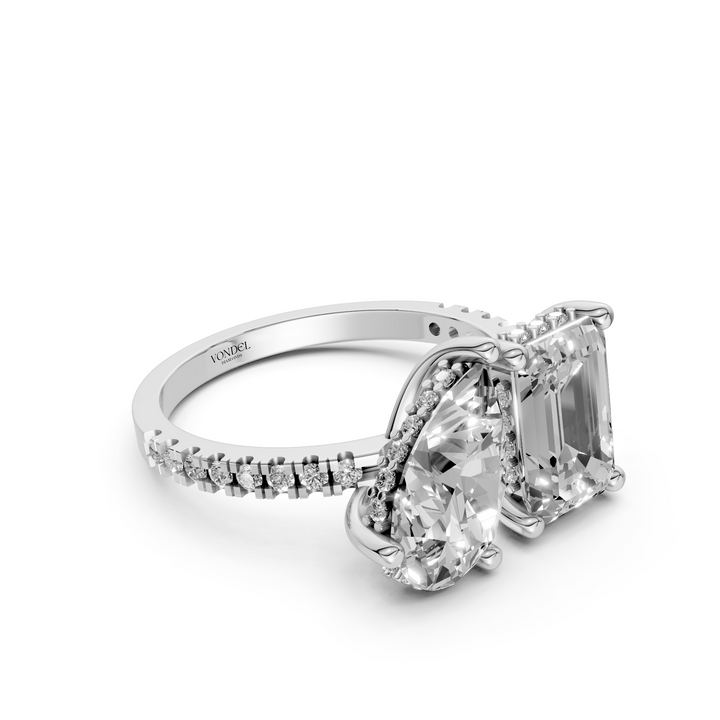Toi et Moi Ring - Emerald Peer met Hidden Halo en Pave Band - 18K Goud - 3,60 ct