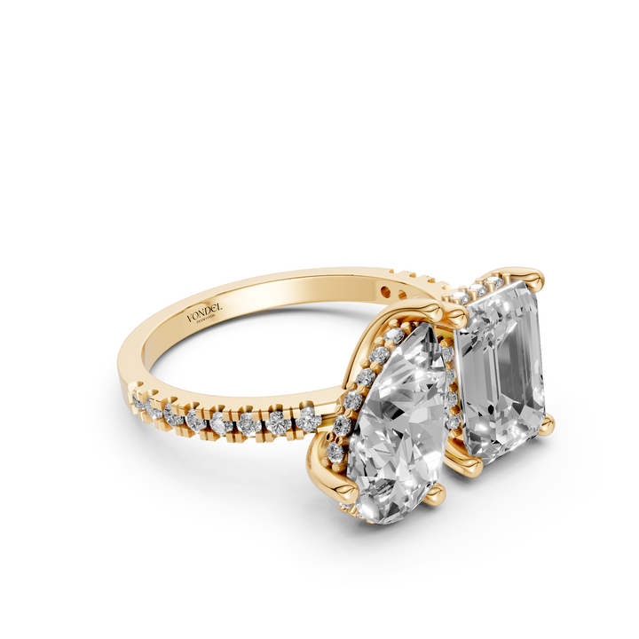 Toi et Moi Ring - Emerald Peer met Hidden Halo en Pave Band - 18K Goud - 3,60 ct
