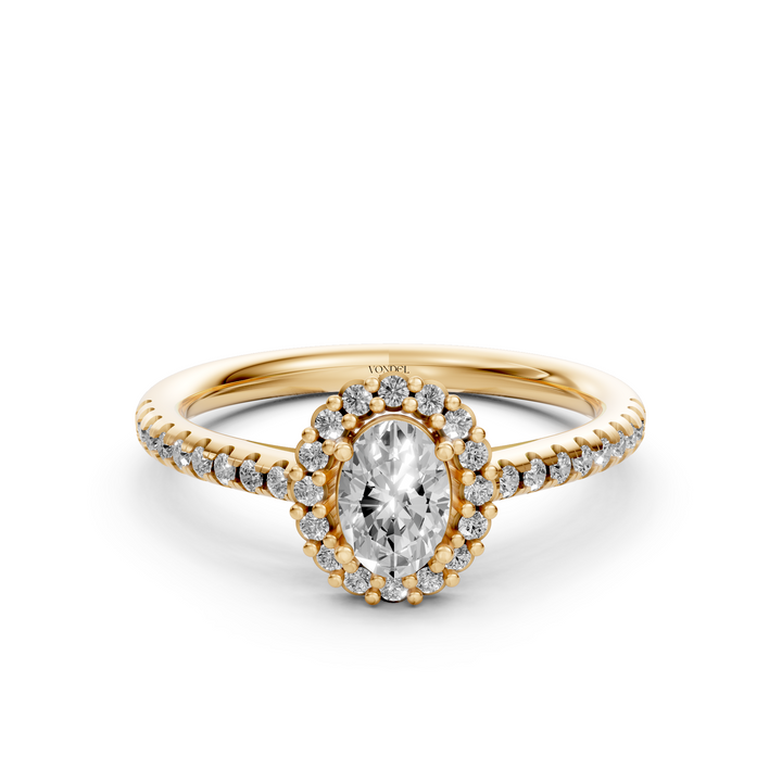 Oval Halo Ring met Pave Band en Lage Zetting