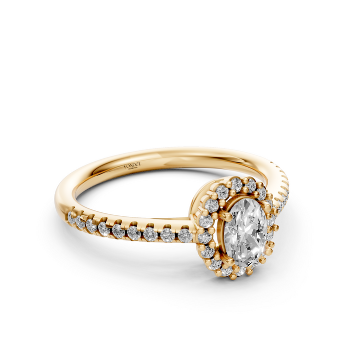 Oval Halo Ring met Pave Band en Lage Zetting
