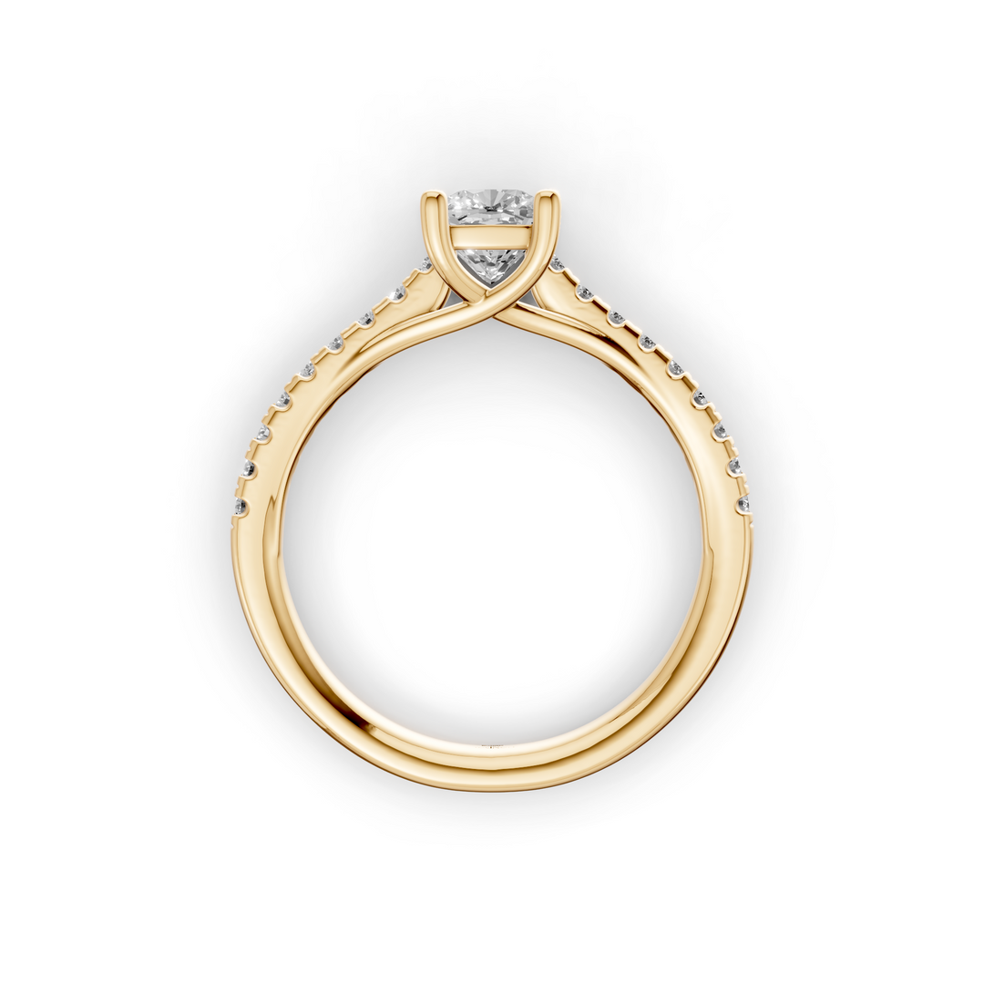 Solitair Elongated Cushion Crossover Ring met Pavé Band