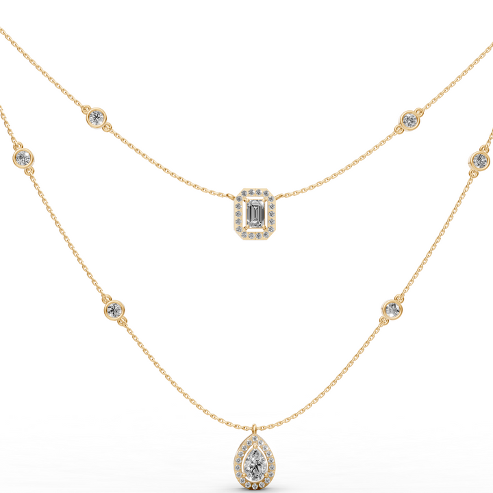 Gelaagd Collier met Emerald en Peer met Halo  - 18K Goud