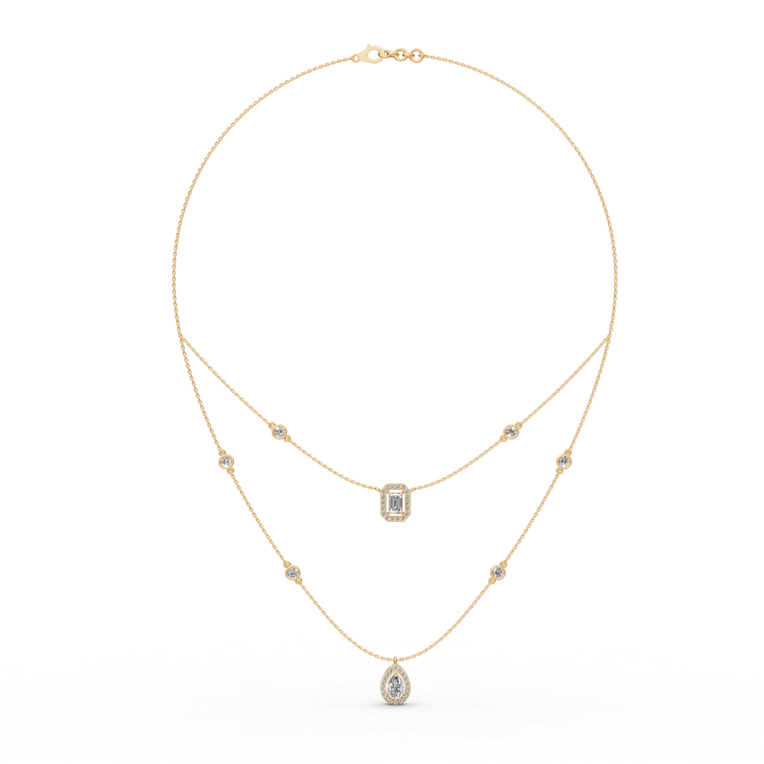 Gelaagd Collier met Emerald en Peer met Halo  - 18K Goud