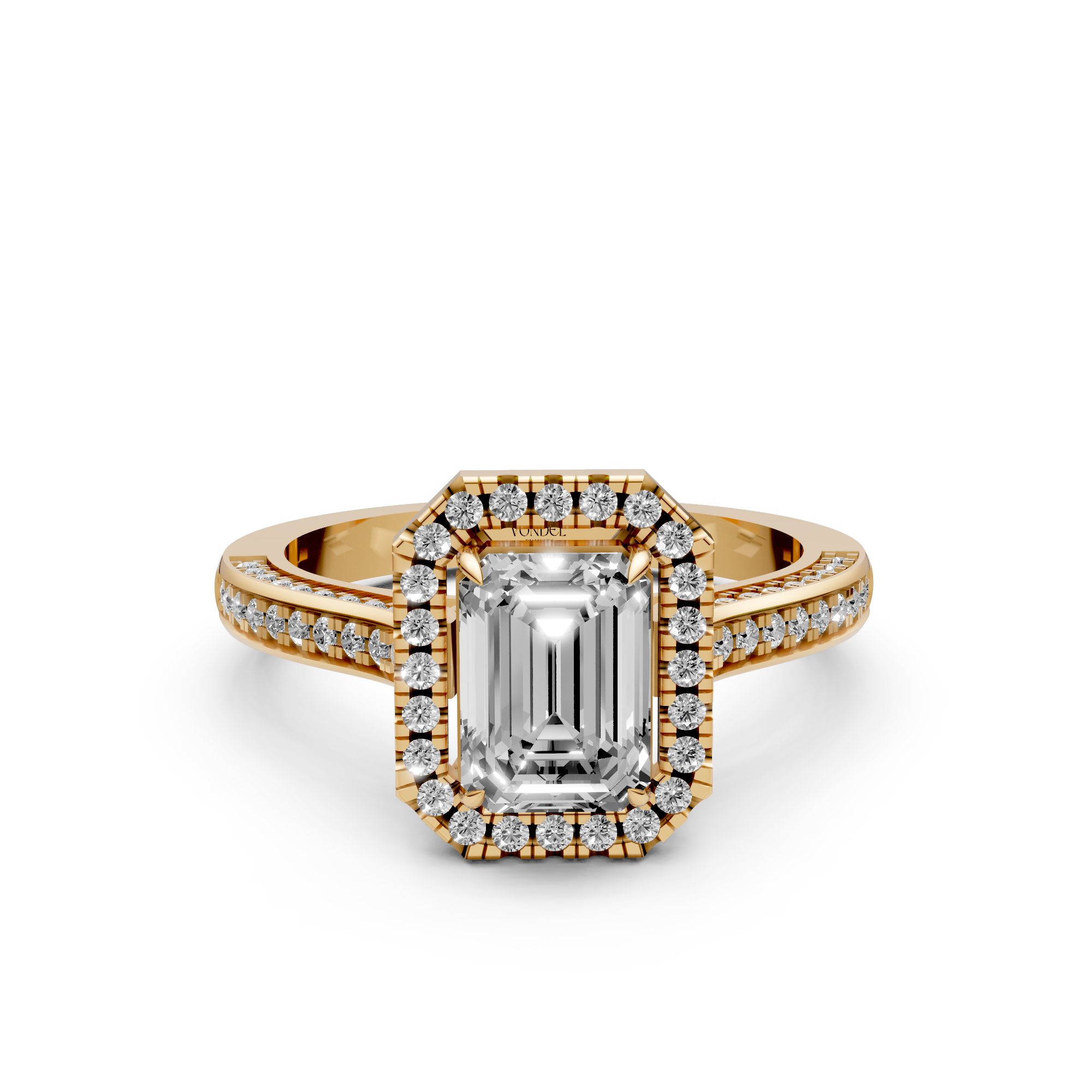 Blair - In Stock - Emerald Halo Lab Grown Diamond Ring with 3 Side Pave Set Band - 18K Gold - 2,07 ct