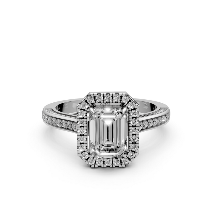 Emerald Halo Ring met 3 Zijden Pave Gezette Band - 18K Witgoud - 2,07 ct