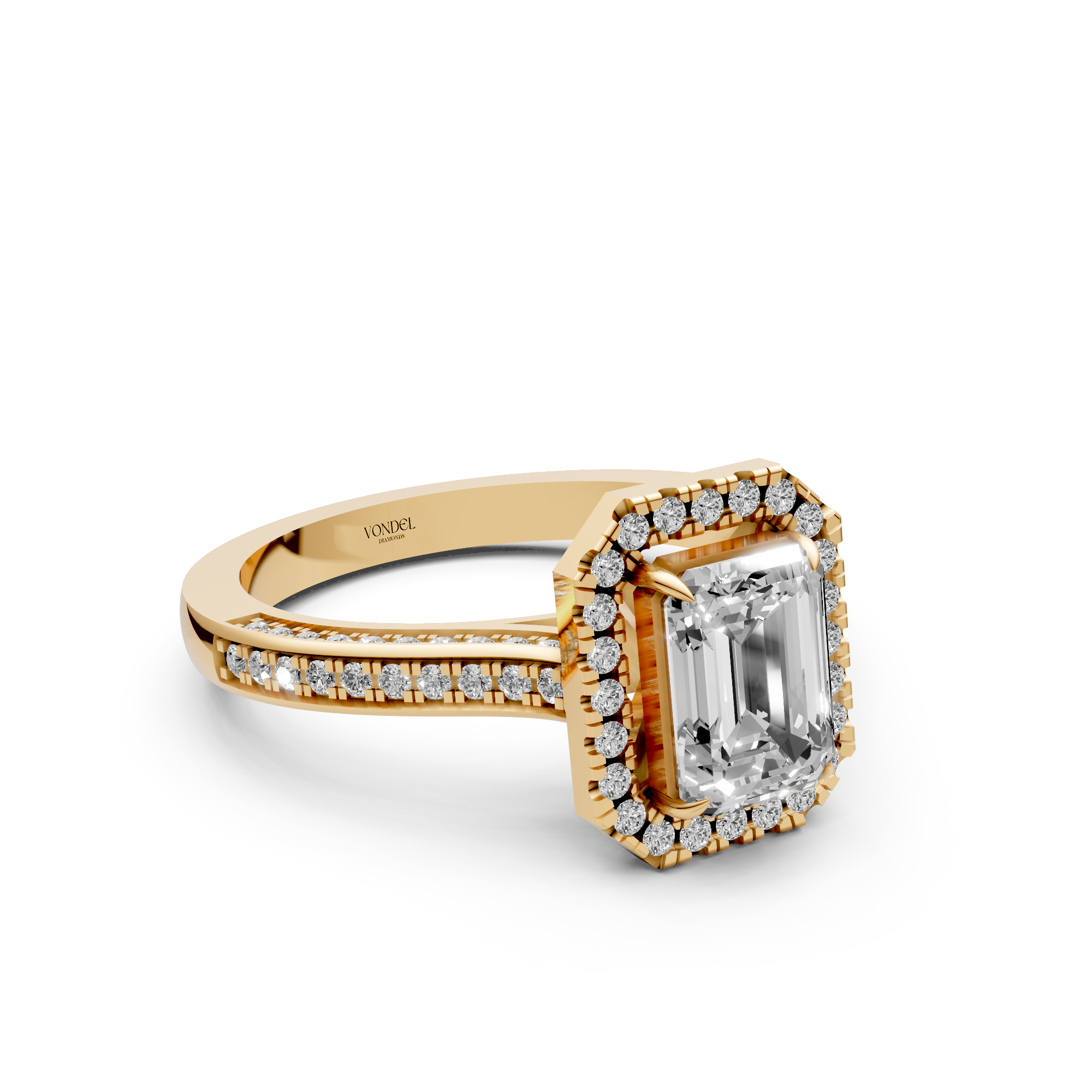 Blair - In Stock - Emerald Halo Lab Grown Diamond Ring with 3 Side Pave Set Band - 18K Gold - 2,07 ct