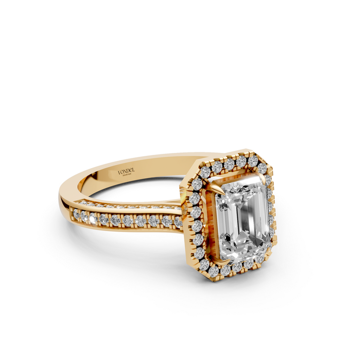 Emerald Halo Ring met 3 Zijden Pave Gezette Band - 18K Witgoud - 2,07 ct