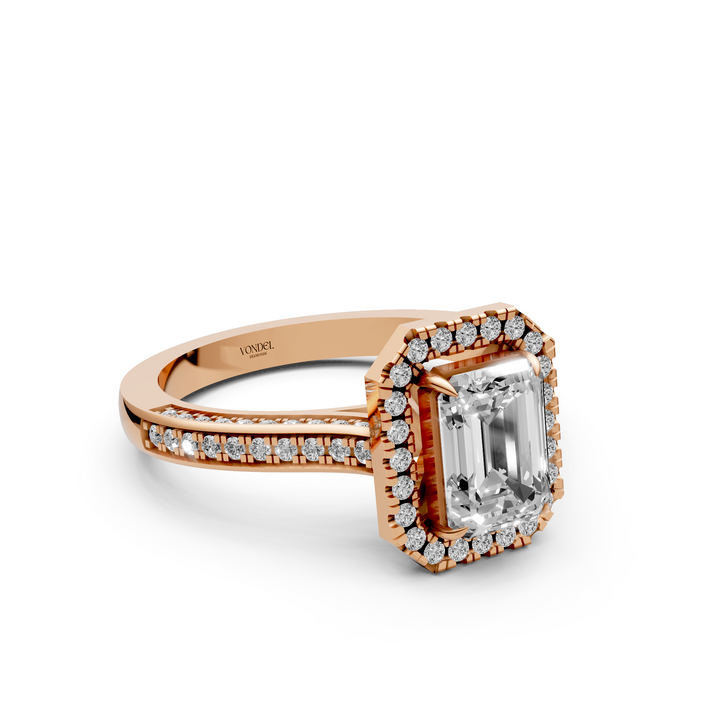 Emerald Halo Ring met 3 Zijden Pave Gezette Band - 18K Witgoud - 2,07 ct