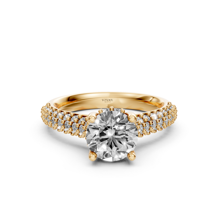 Rond Briljant Solitaire met Brede Pave Band - 18K Geelgoud - 1,84 ct