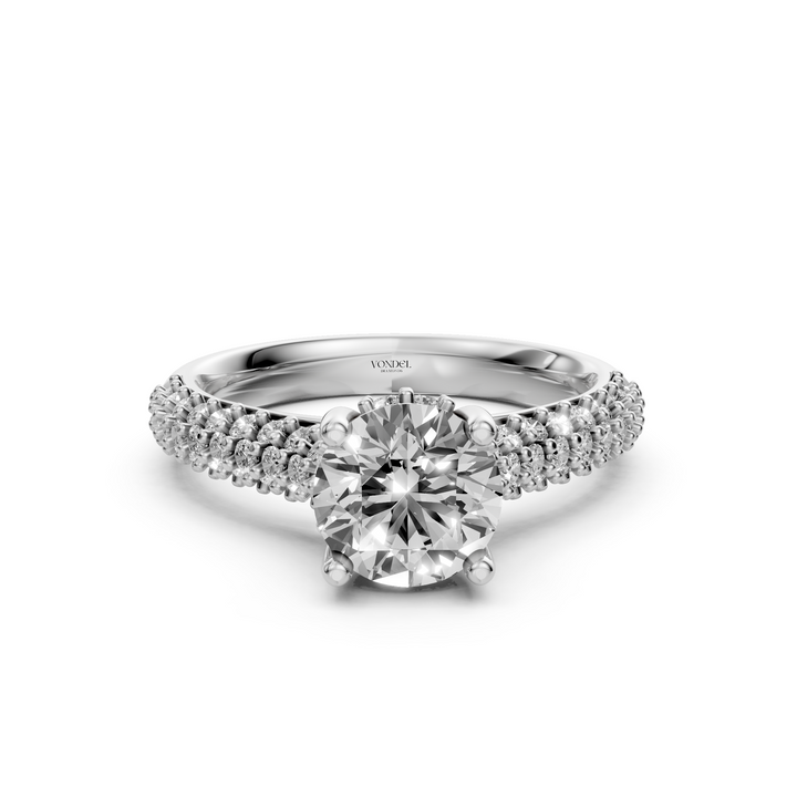 Rond Briljant Solitaire met Brede Pave Band - Platina - 1,30 ct
