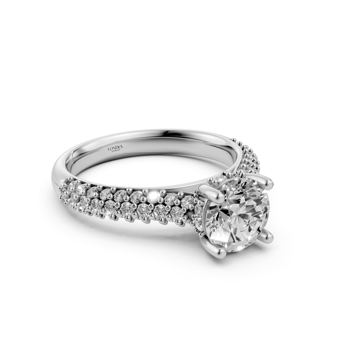 Rond Briljant Solitaire met Brede Pave Band - Platina - 1,30 ct