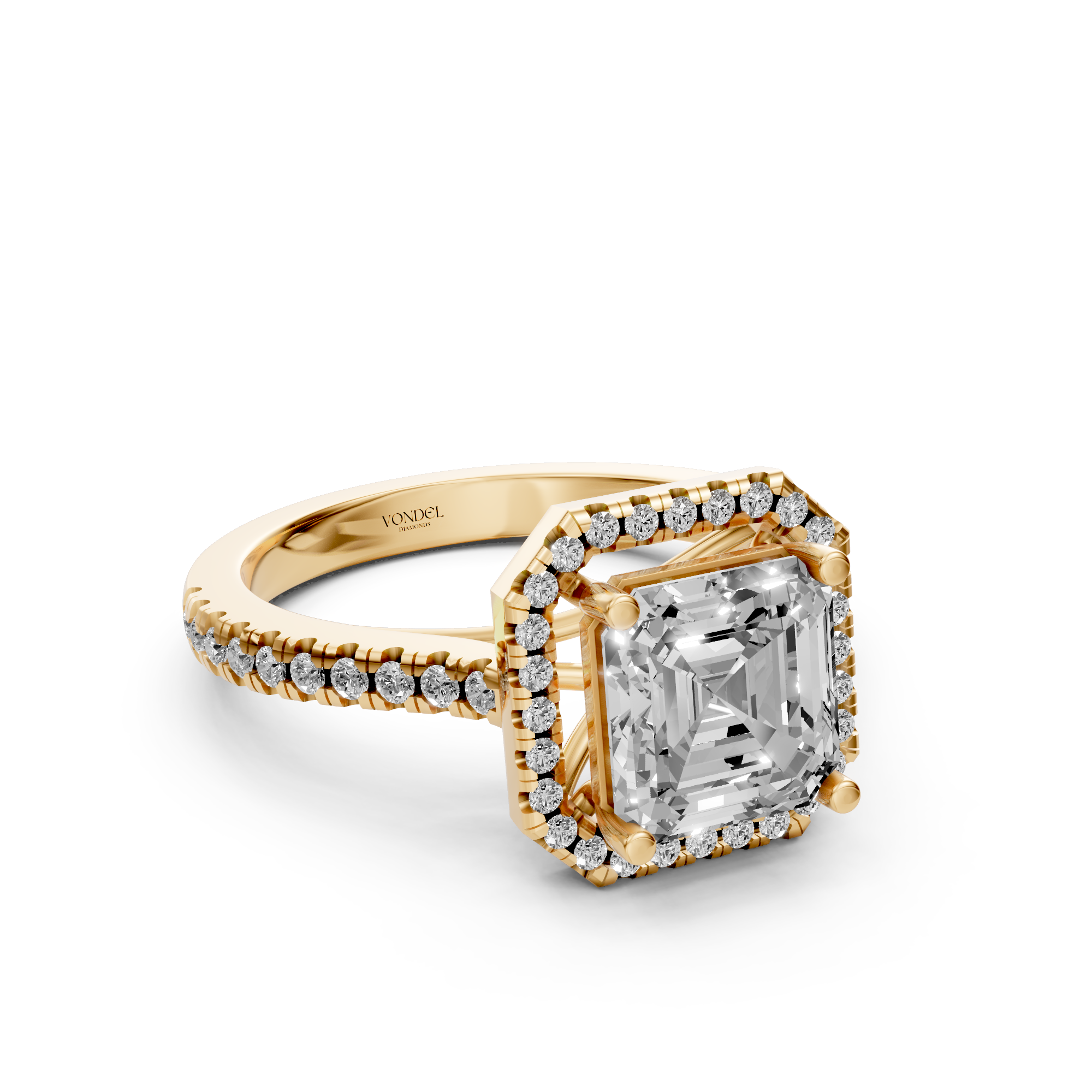 Estrella - In Stock - Asscher Halo Lab Grown Diamond Ring with Pave Band - 18K Gold