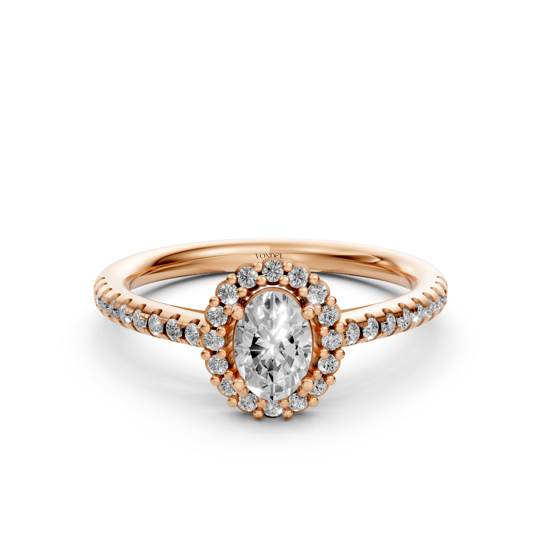 Oval Halo Ring met Pave Band en Lage Zetting
