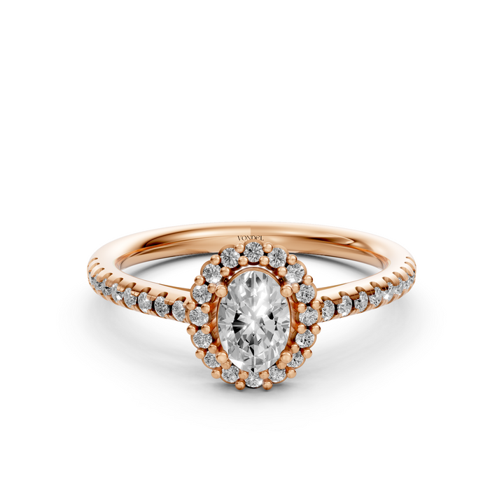 Oval Halo Ring met Pave Band en Lage Zetting