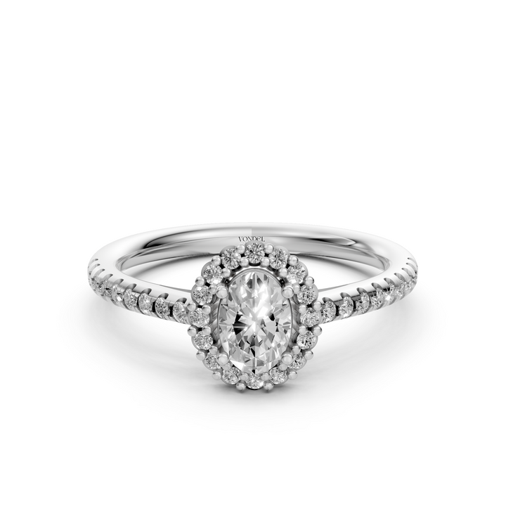 Oval Halo Ring met Pave Band en Lage Zetting