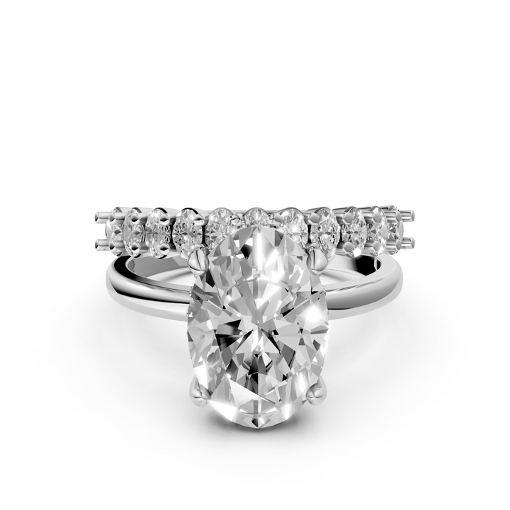 Ovalen Solitair met Hidden Halo en Ovalen rijring (Set) - 18k Witgoud - 3,79 ct