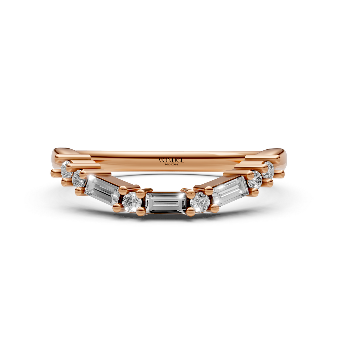 Curved Rijring met Baguette en Rond Briljant Geslepen Diamanten  - 18K Geelgoud - 0,19 ct