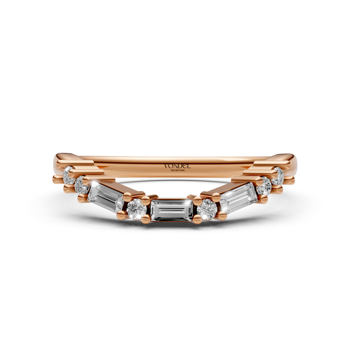 Curved Rijring met Baguette en Rond Briljant Geslepen Diamanten  - 18K Geelgoud - 0,19 ct