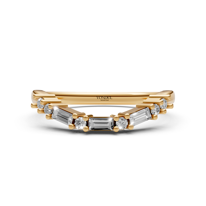 Curved Rijring met Baguette en Rond Briljant Geslepen Diamanten  - 18K Geelgoud - 0,19 ct