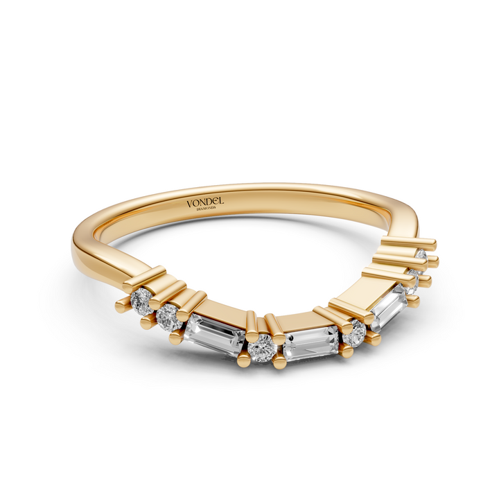 Curved Rijring met Baguette en Rond Briljant Geslepen Diamanten  - 18K Geelgoud - 0,19 ct