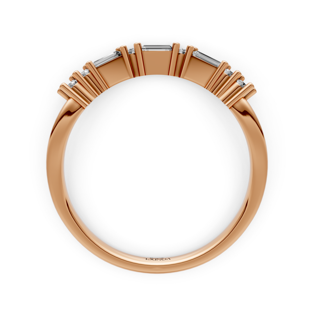 Curved Rijring met Baguette en Rond Briljant Geslepen Diamanten  - 18K Geelgoud - 0,19 ct