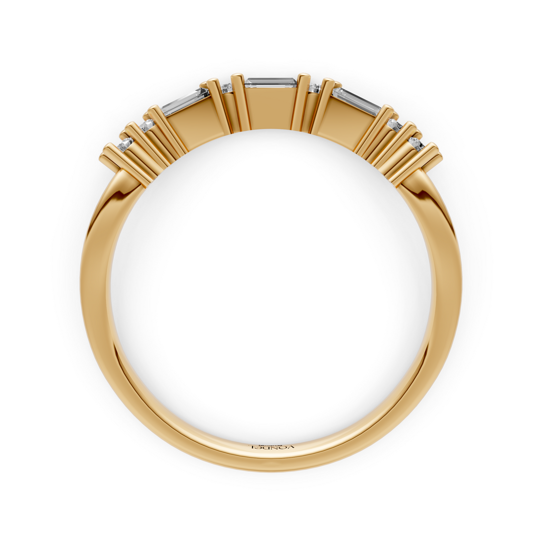 Curved Rijring met Baguette en Rond Briljant Geslepen Diamanten  - 18K Geelgoud - 0,19 ct