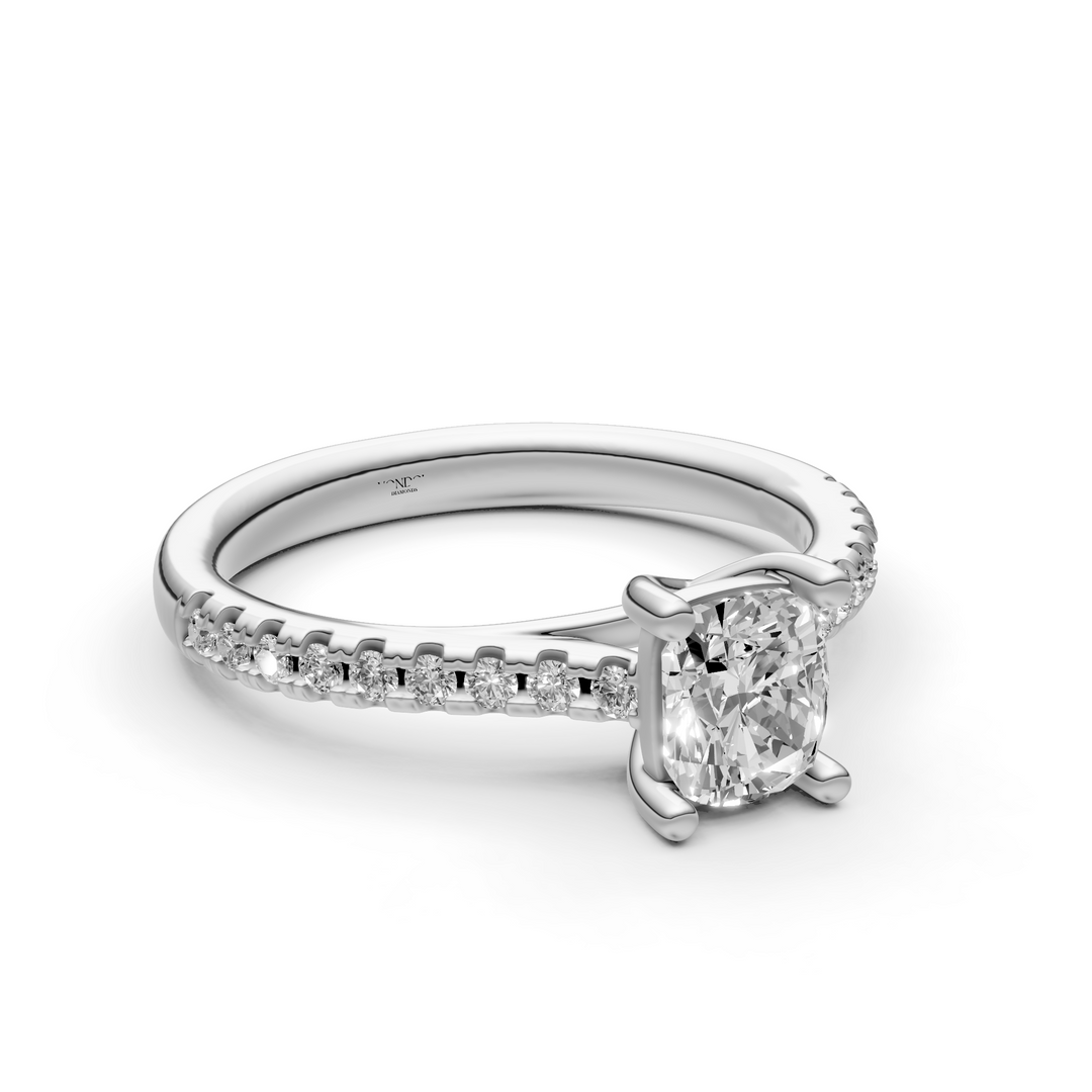 Solitair Elongated Cushion Crossover Ring met Pavé Band - 18K Witgoud - 0,99 ct