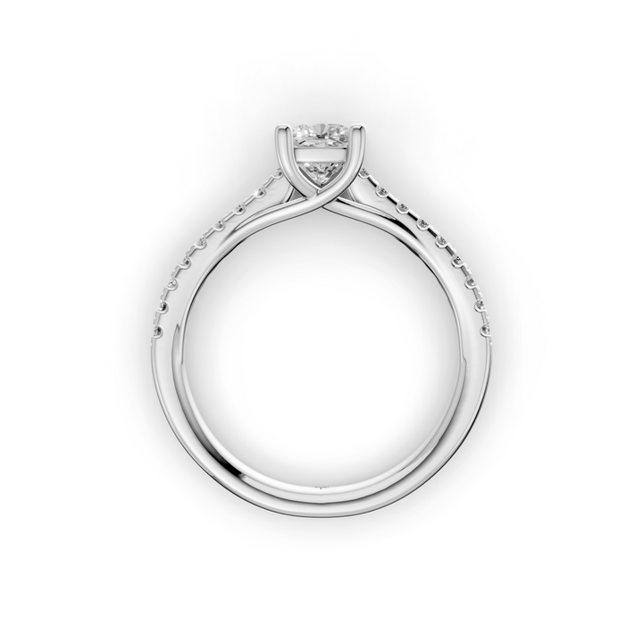 Solitair Elongated Cushion Crossover Ring met Pavé Band - 18K Witgoud - 0,99 ct