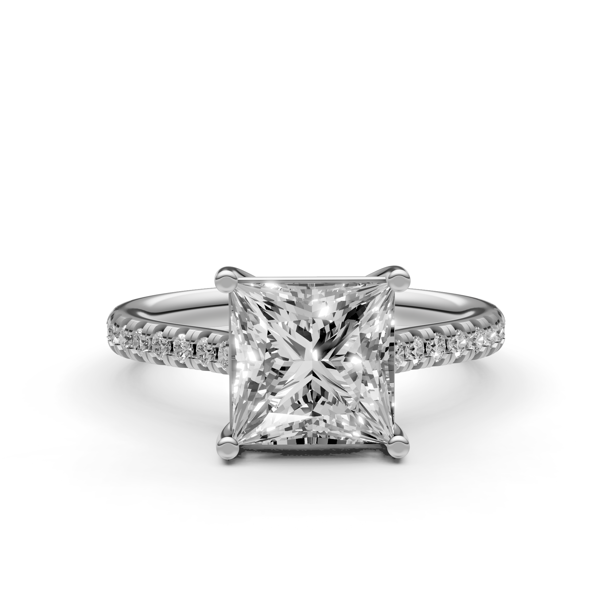 Eveline - In Stock - Princess Solitair Crossover Lab Grown Diamond Ring with Pave Band - 18K White Gold - 2,21 ct