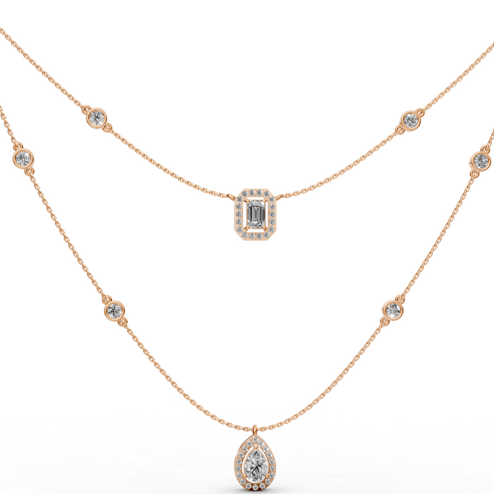 Gelaagd Collier met Emerald en Peer met Halo  - 18K Goud