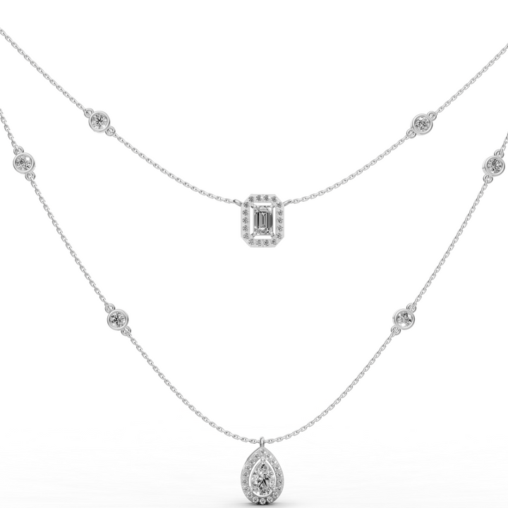 Gelaagd Collier met Emerald en Peer met Halo  - 18K Goud