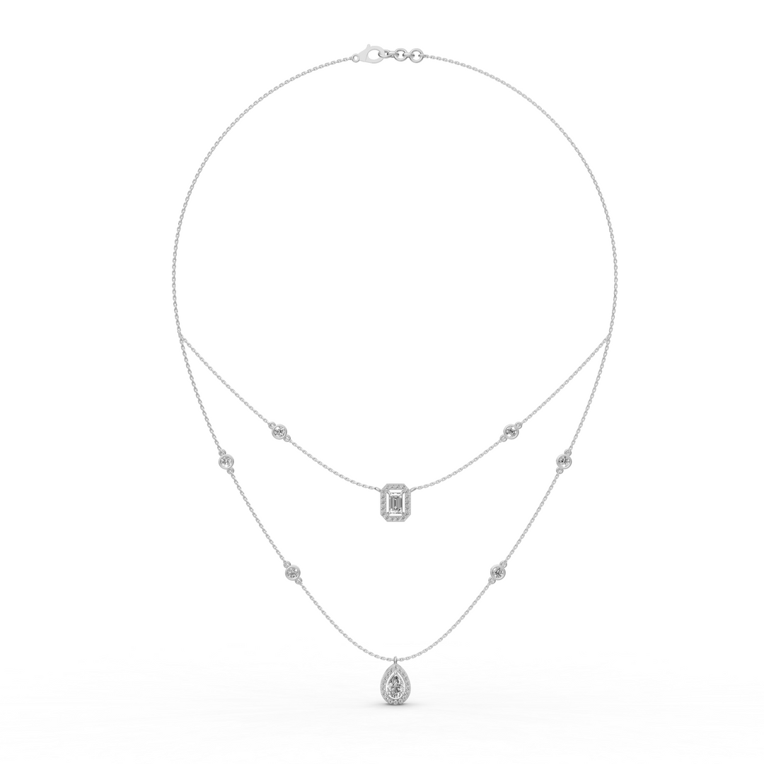Gelaagd Collier met Emerald en Peer met Halo  - 18K Goud