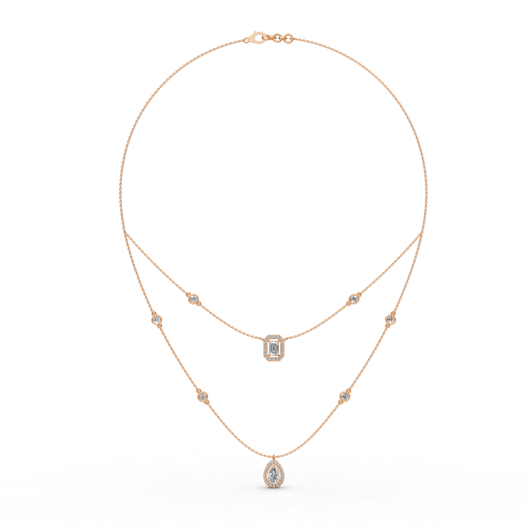 Gelaagd Collier met Emerald en Peer met Halo  - 18K Goud