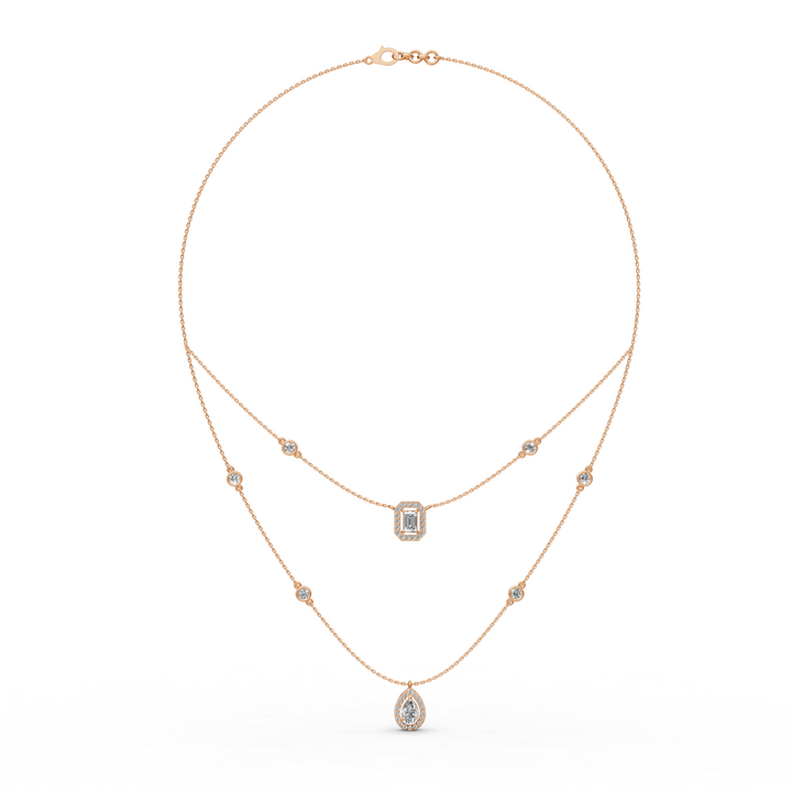 Gelaagd Collier met Emerald en Peer met Halo  - 18K Goud