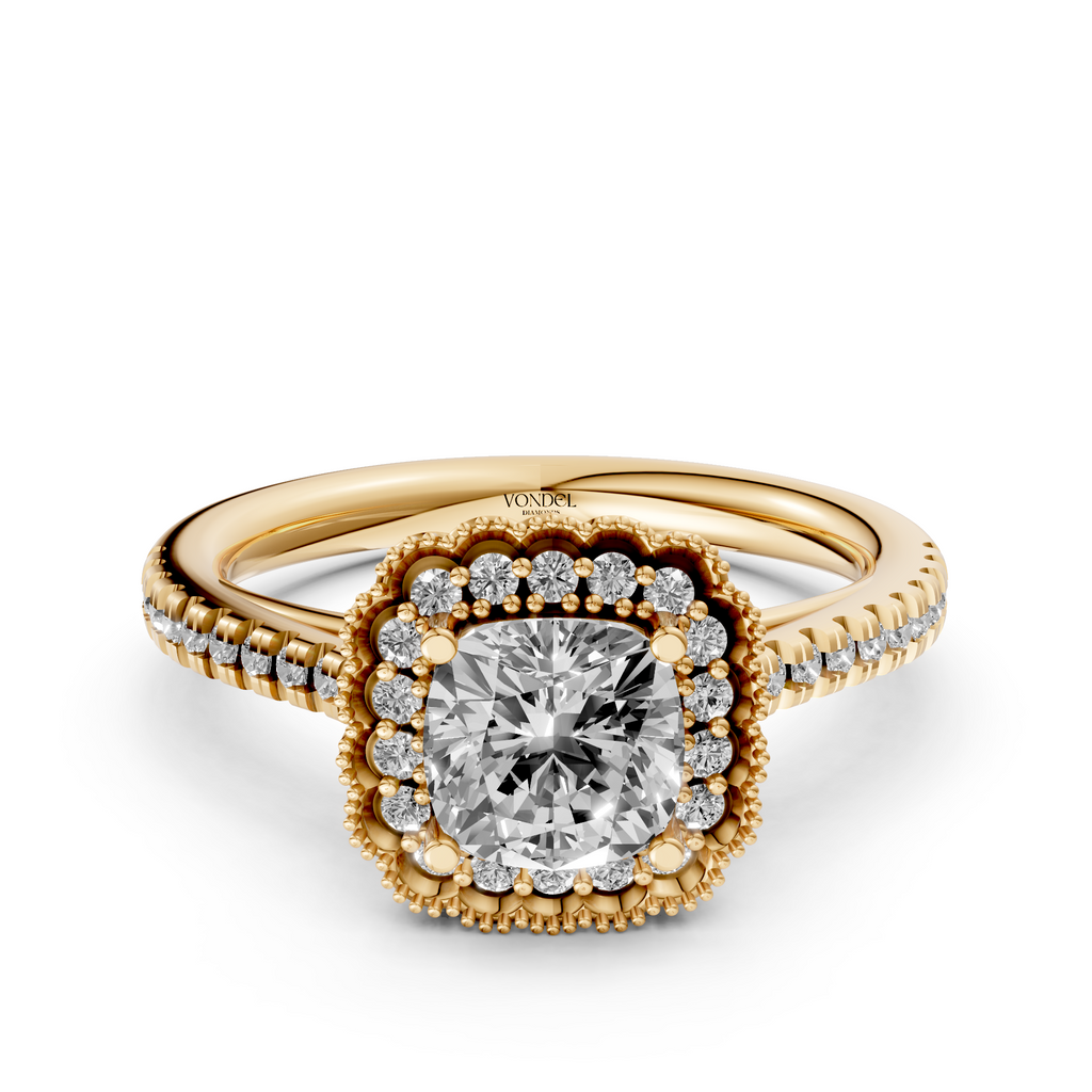 Cushion Brilliant Ring met Halo en Pave, Vintage Stijl - 18K