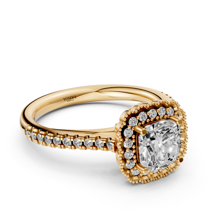 Cushion Brilliant Ring met Halo en Pave, Vintage Stijl - 18K Geelgoud - 0,98 ct