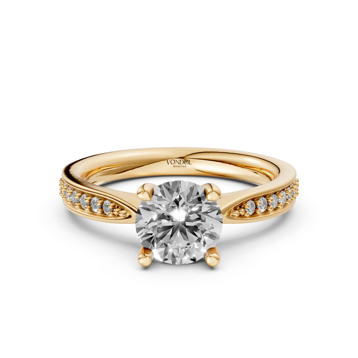 Rond Briljant Solitair Ring met Pave Band - 18K Geelgoud - 1,28 ct