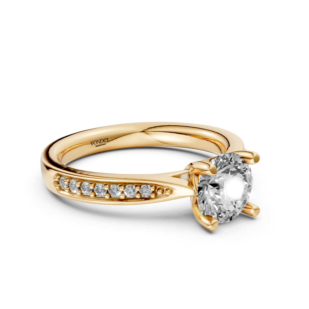 Rond Briljant Solitair Ring met Pave Band - 18K Geelgoud - 1,28 ct