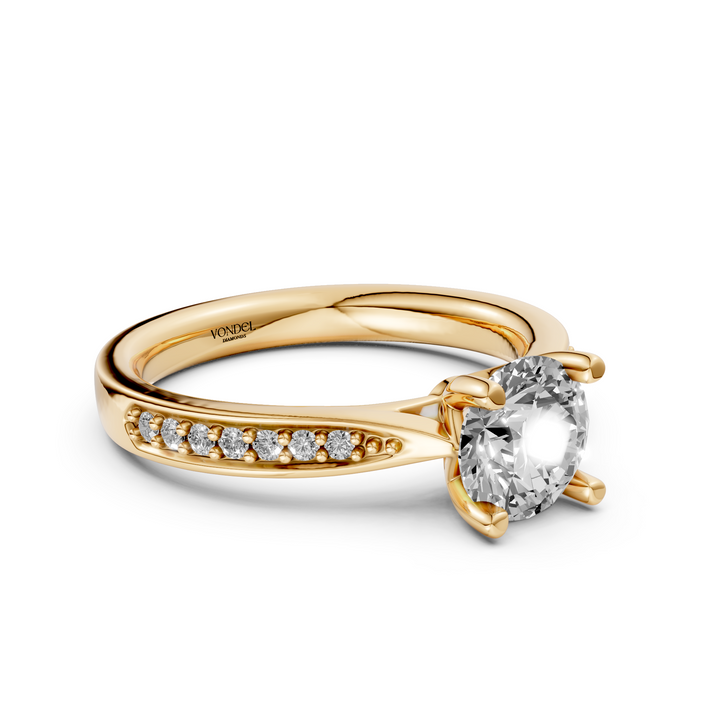 Rond Briljant Solitair Ring met Pave Band - 18K Geelgoud - 1,28 ct