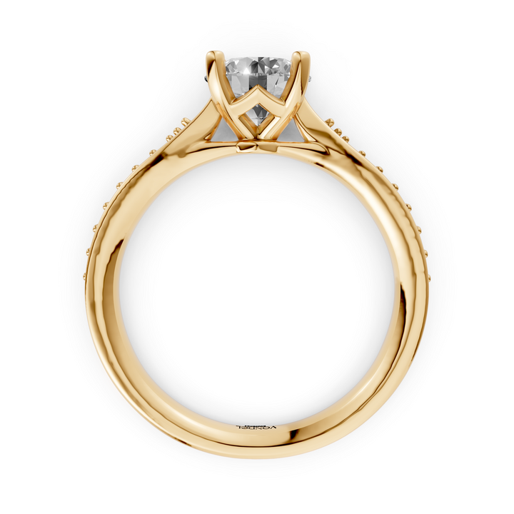 Rond Briljant Solitair Ring met Pave Band - 18K Geelgoud - 1,28 ct