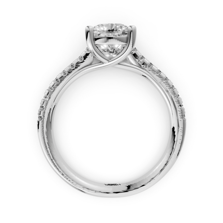 Solitair Elongated Cushion Crossover Ring met Pavé Band - 18K Witgoud - 0,99 ct
