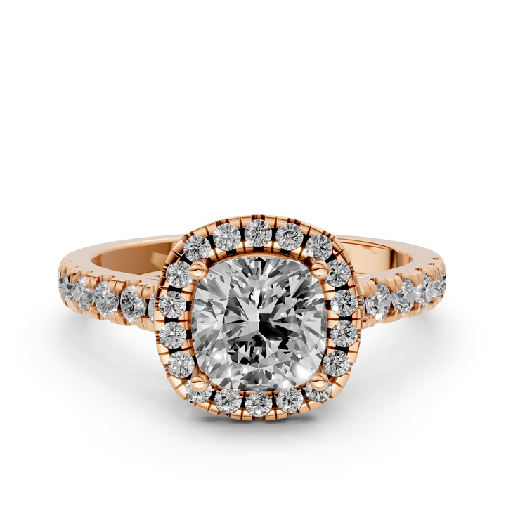 Cushion Halo Ring met Pave Band en Lage Zetting - 1,42 ct